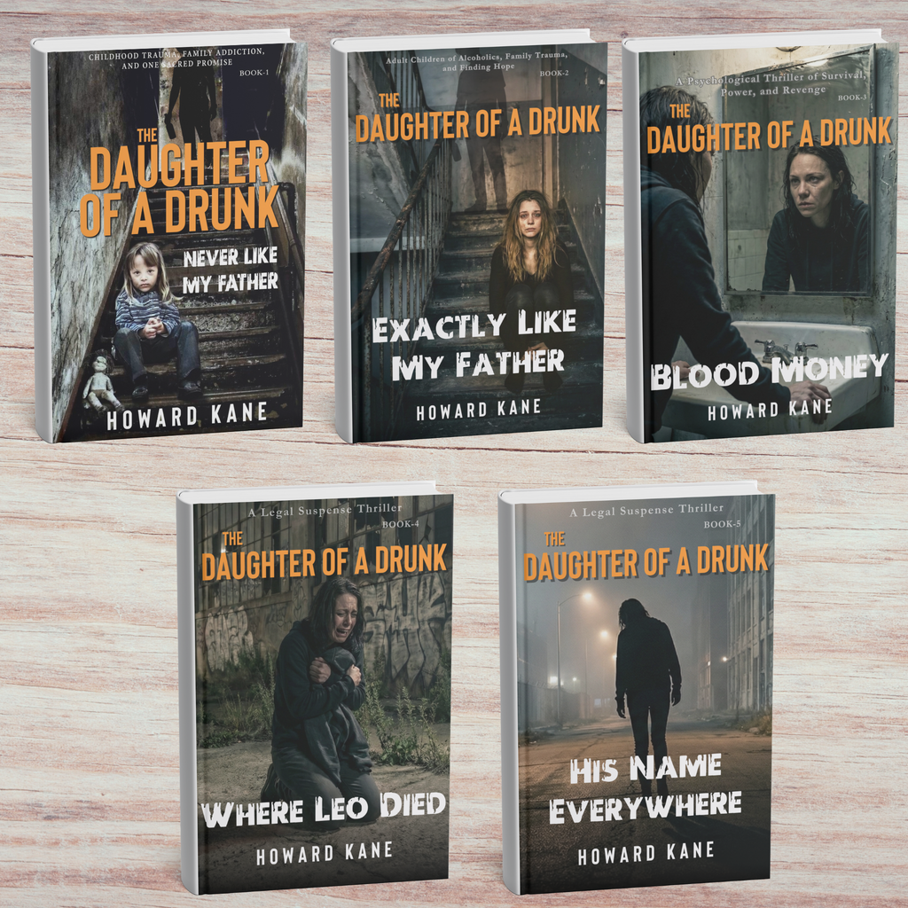 Five books titled 'The Daughter of a Drunk' by Howard Kane on a wooden surface.
