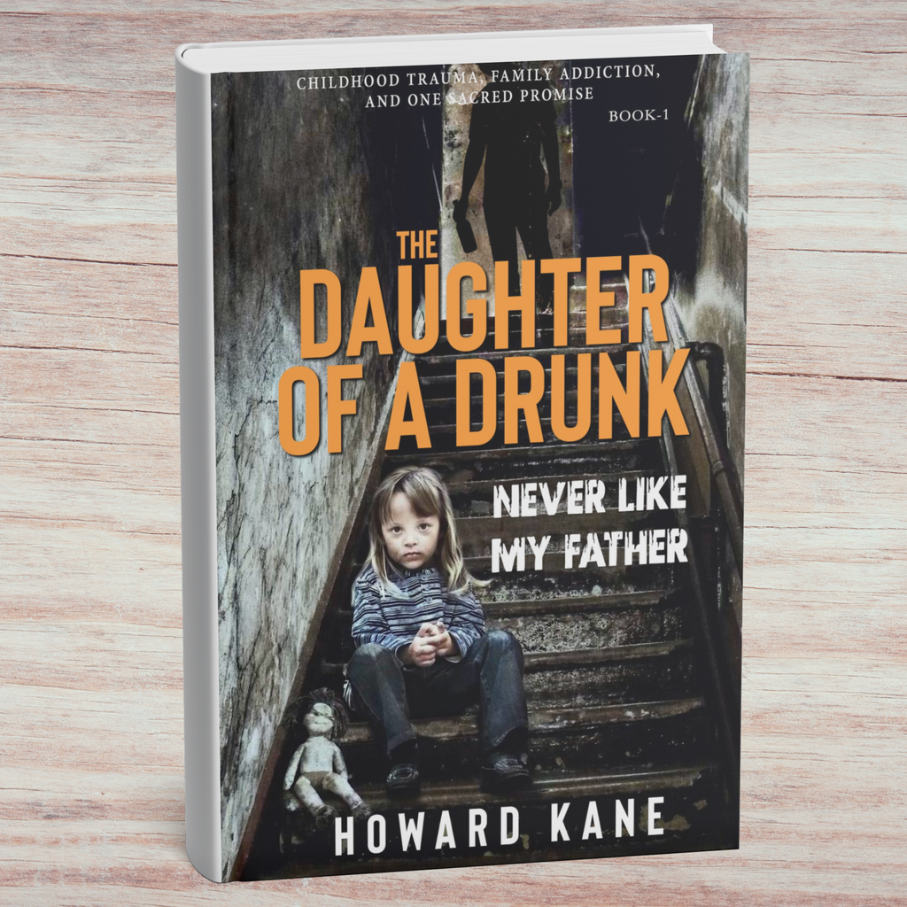 Book titled 'The Daughter of a Drunk Never Like My Father' by Howard Kane on a wooden surface