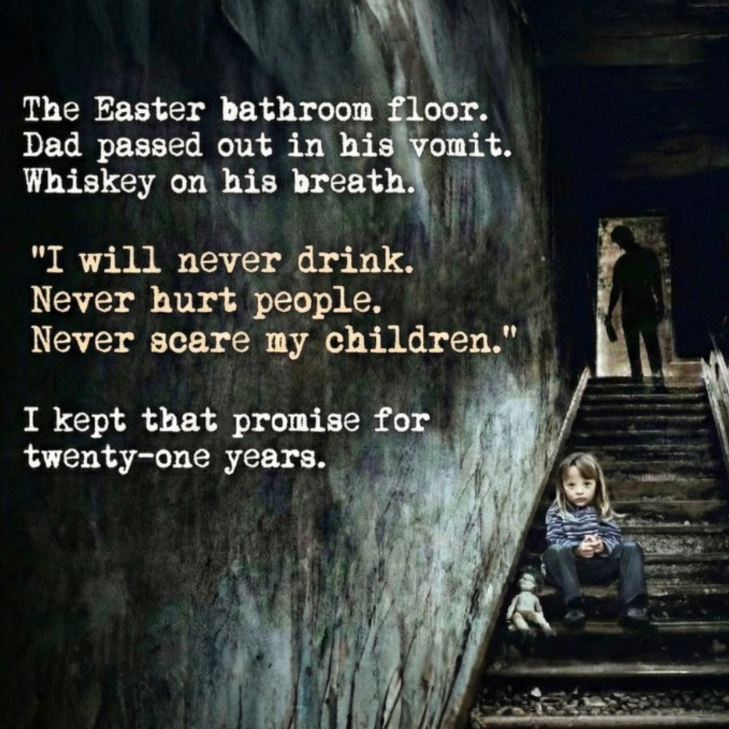 Person sitting on stairs with text about a father's promise to children, with a dark and somber atmosphere.