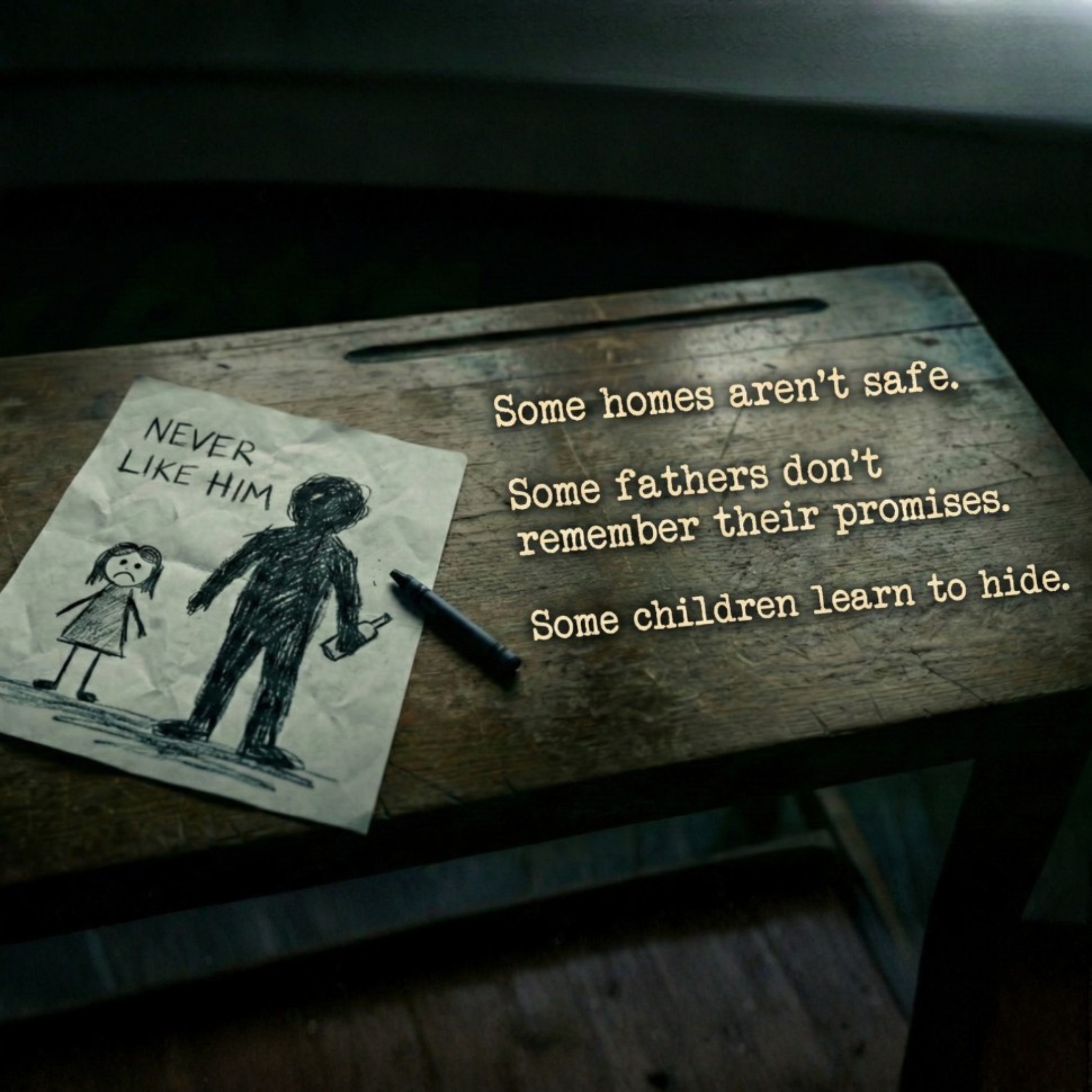 Wooden surface with a drawing of a boy and girl labeled 'Never Like Him' and text about unsafe homes and forgotten promises.