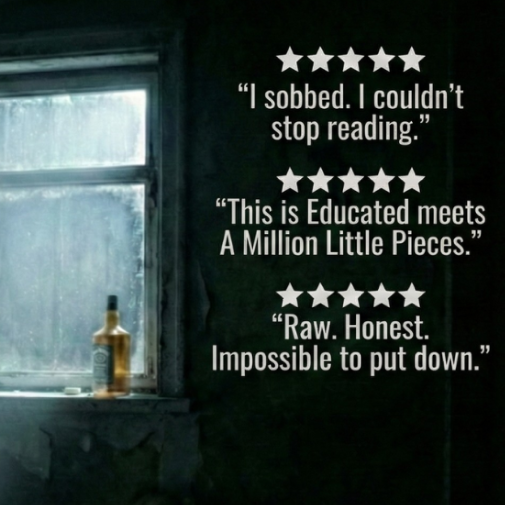 Window with a bottle of Jack Daniel's and text reviews on a dark background