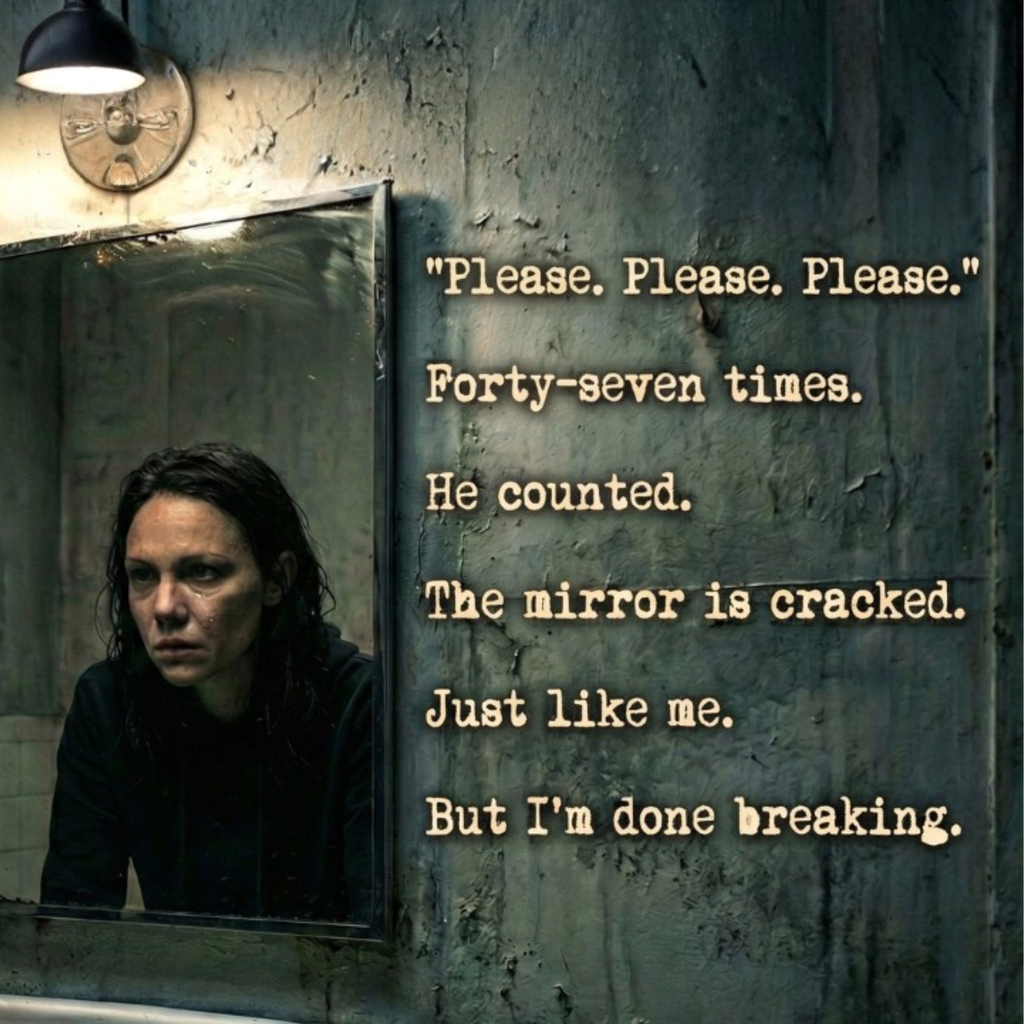 Woman looking into a cracked mirror with a dark and somber atmosphere