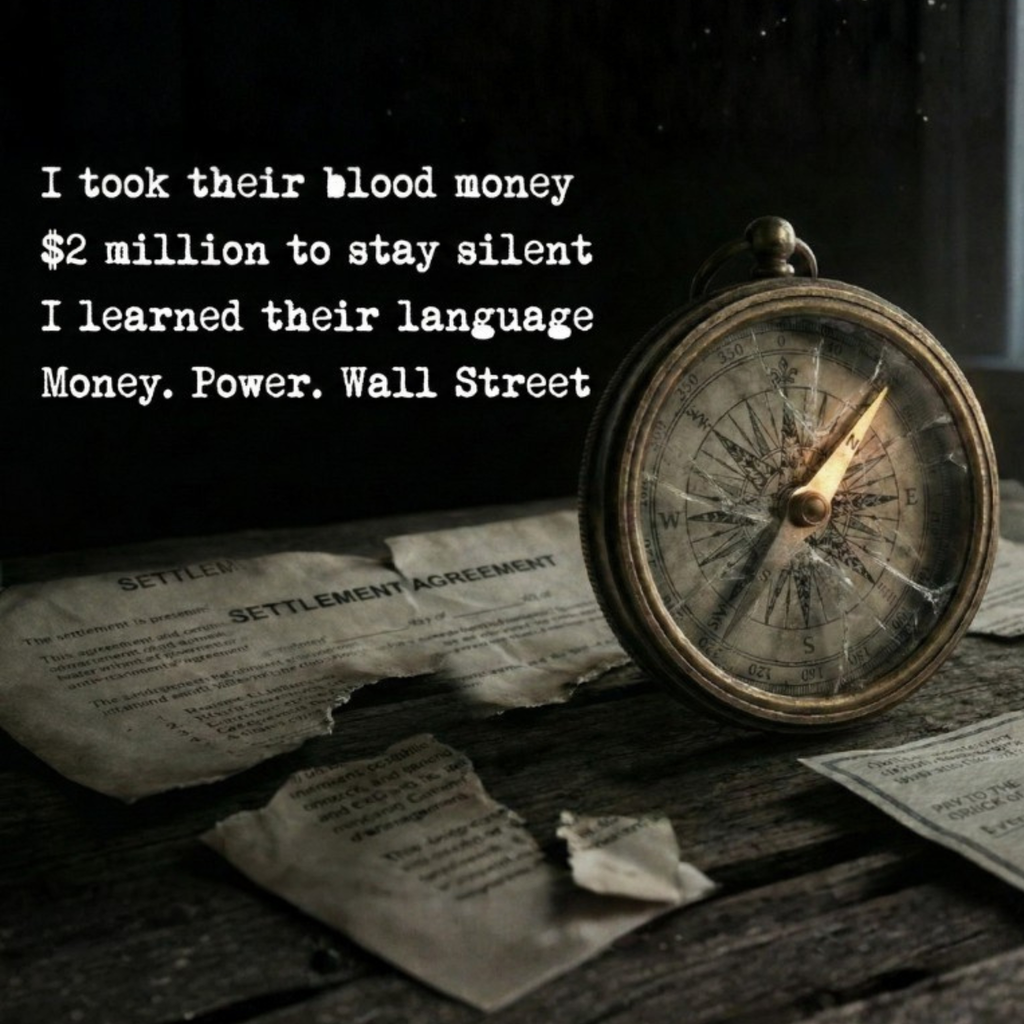 Vintage compass on old papers with text about money, power, and Wall Street.