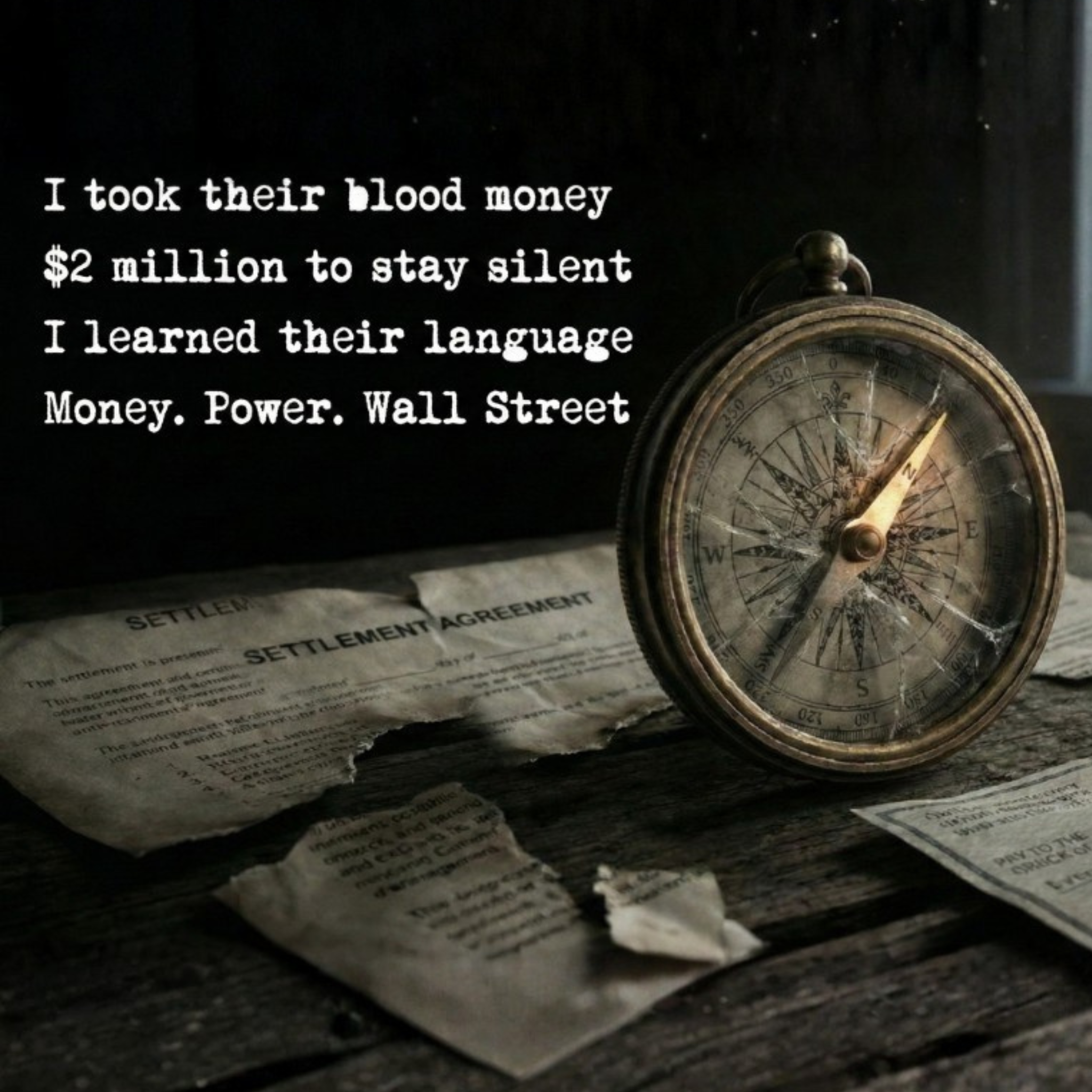 Vintage compass on old papers with text about money, power, and Wall Street.