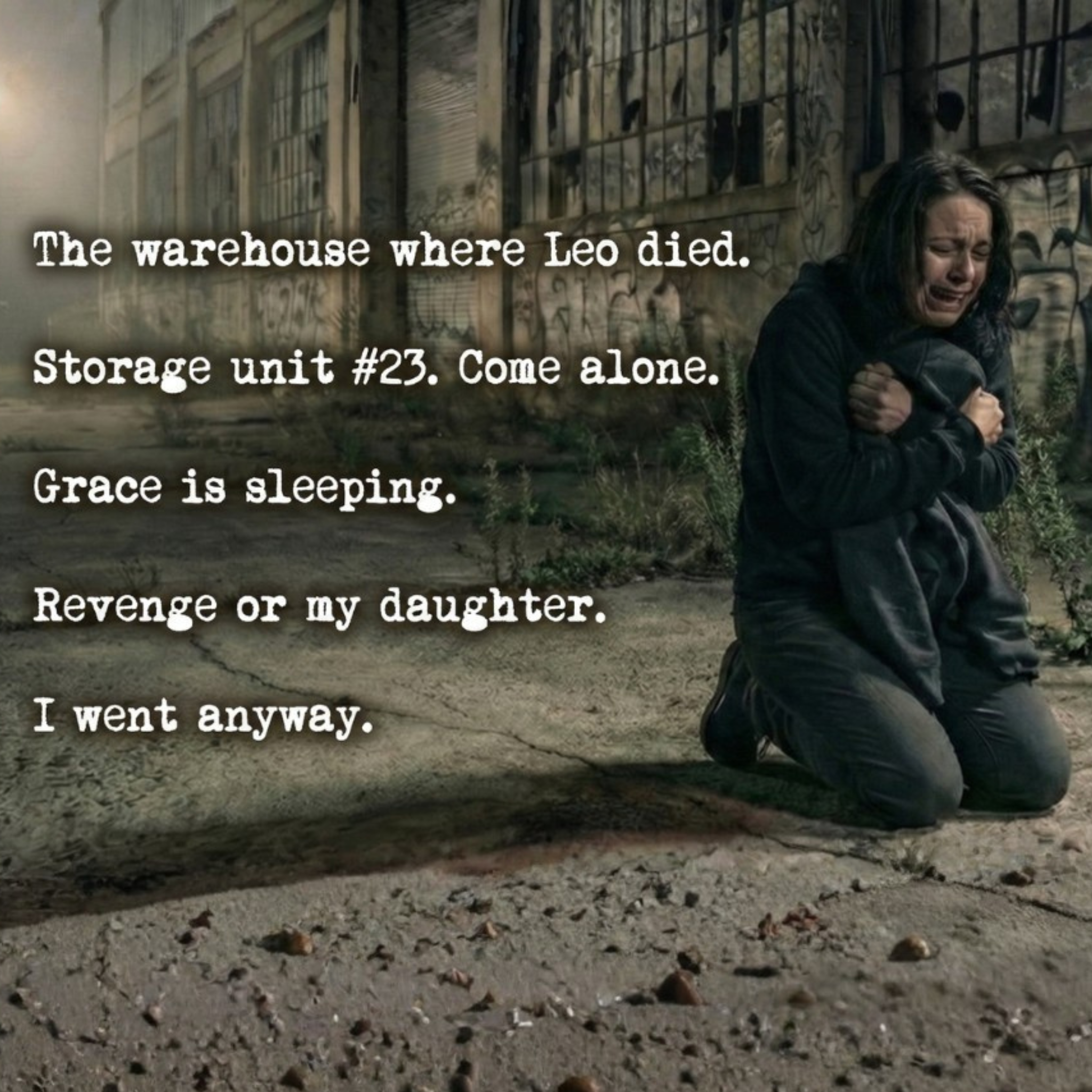 Person kneeling on a concrete floor with text overlay in an industrial setting