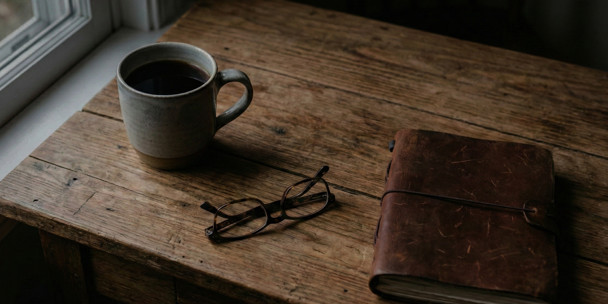 Cup of coffee, glasses, and leather-bound book on a wooden surface near a window.