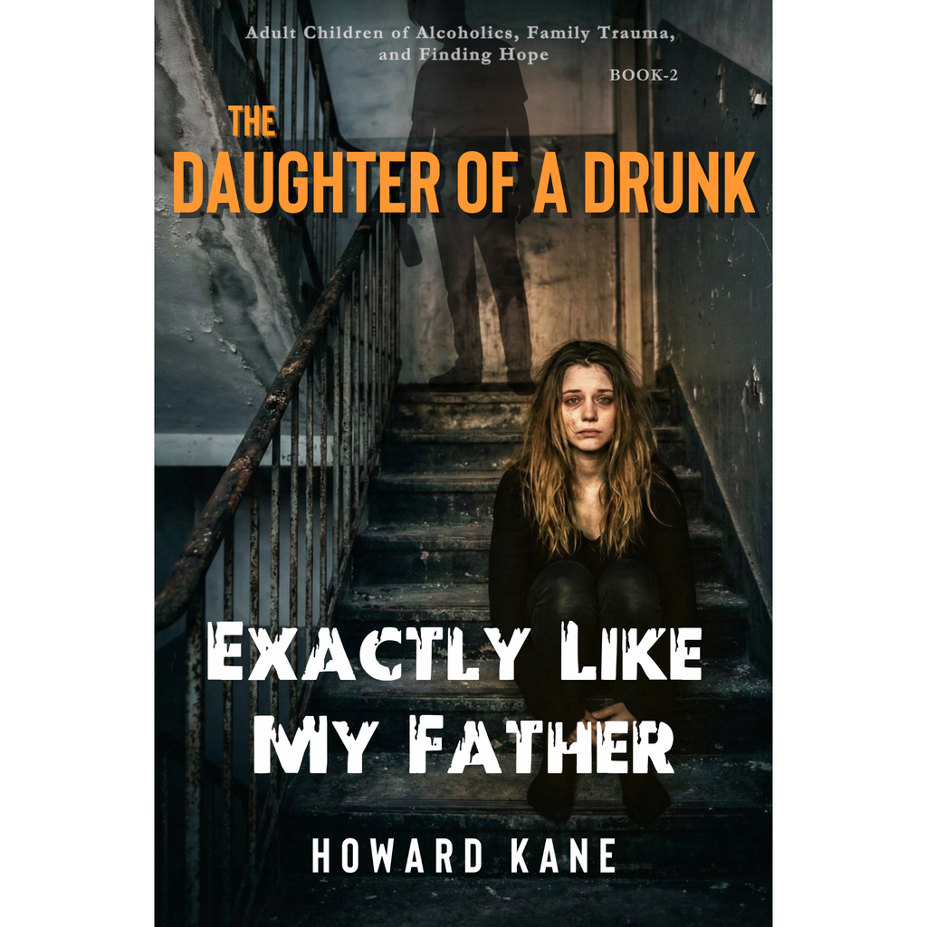 Book cover of 'The Daughter of a Drunk Exactly Like My Father' by Howard Kane with a woman sitting on stairs.