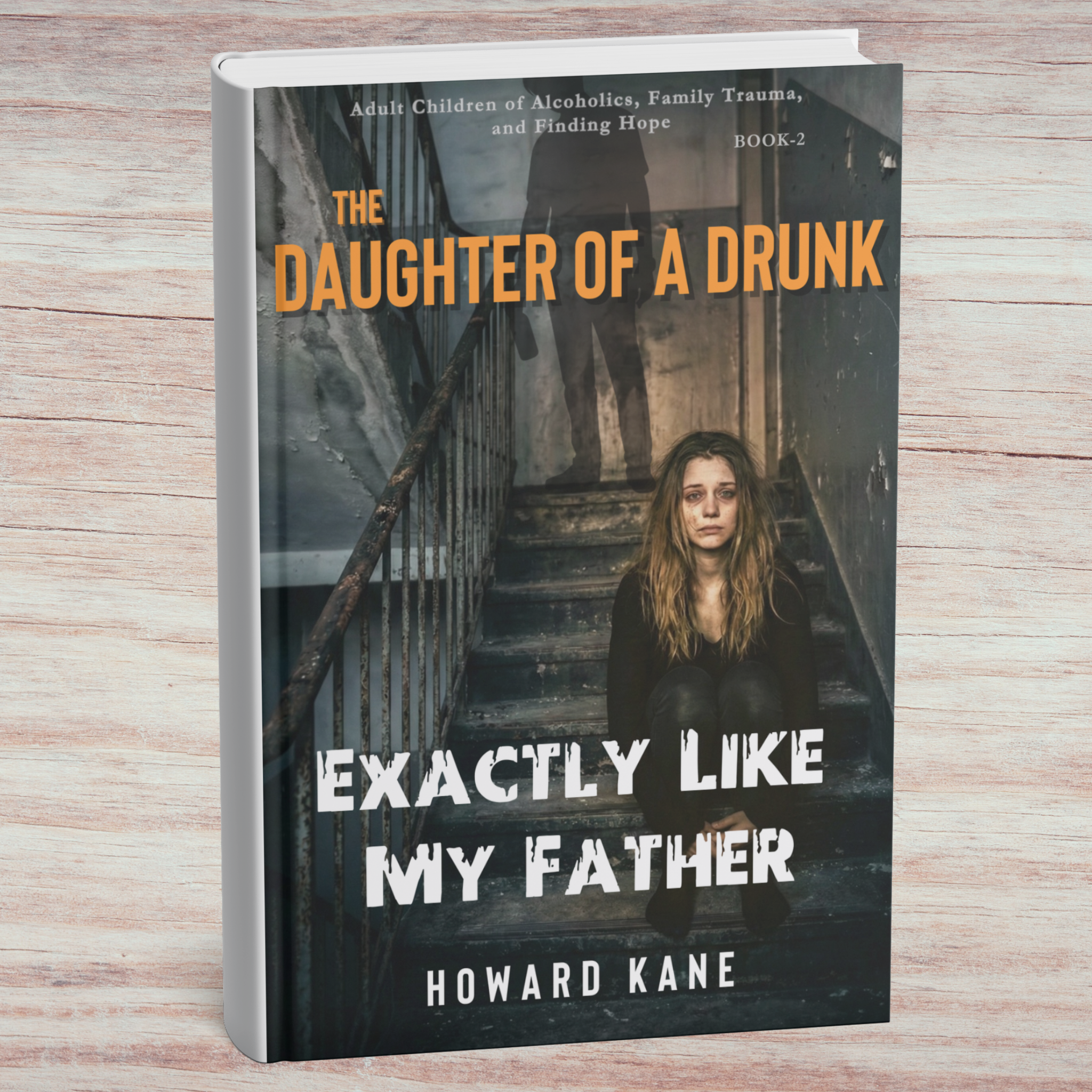 Book titled 'The Daughter of a Drunk Exactly Like My Father' by Howard Kane on a wooden surface