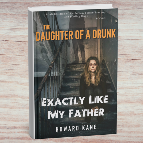 Book titled 'The Daughter of a Drunk Exactly Like My Father' by Howard Kane on a wooden surface