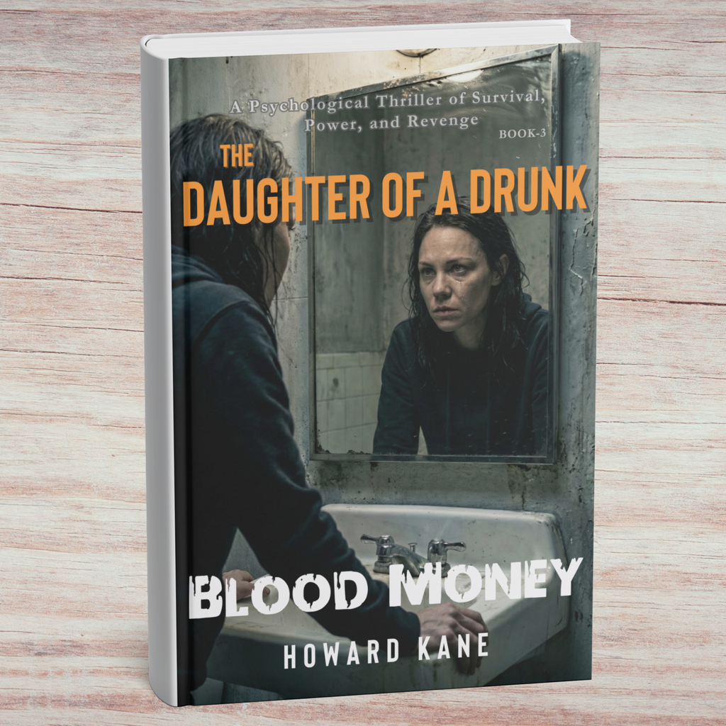 Book titled 'The Daughter of a Drunk: Blood Money' by Howard Kane on a wooden surface
