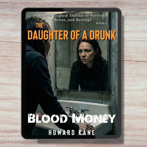 Book cover of 'The Daughter of a Drunk: Blood Money' by Howard Kane on a wooden surface.