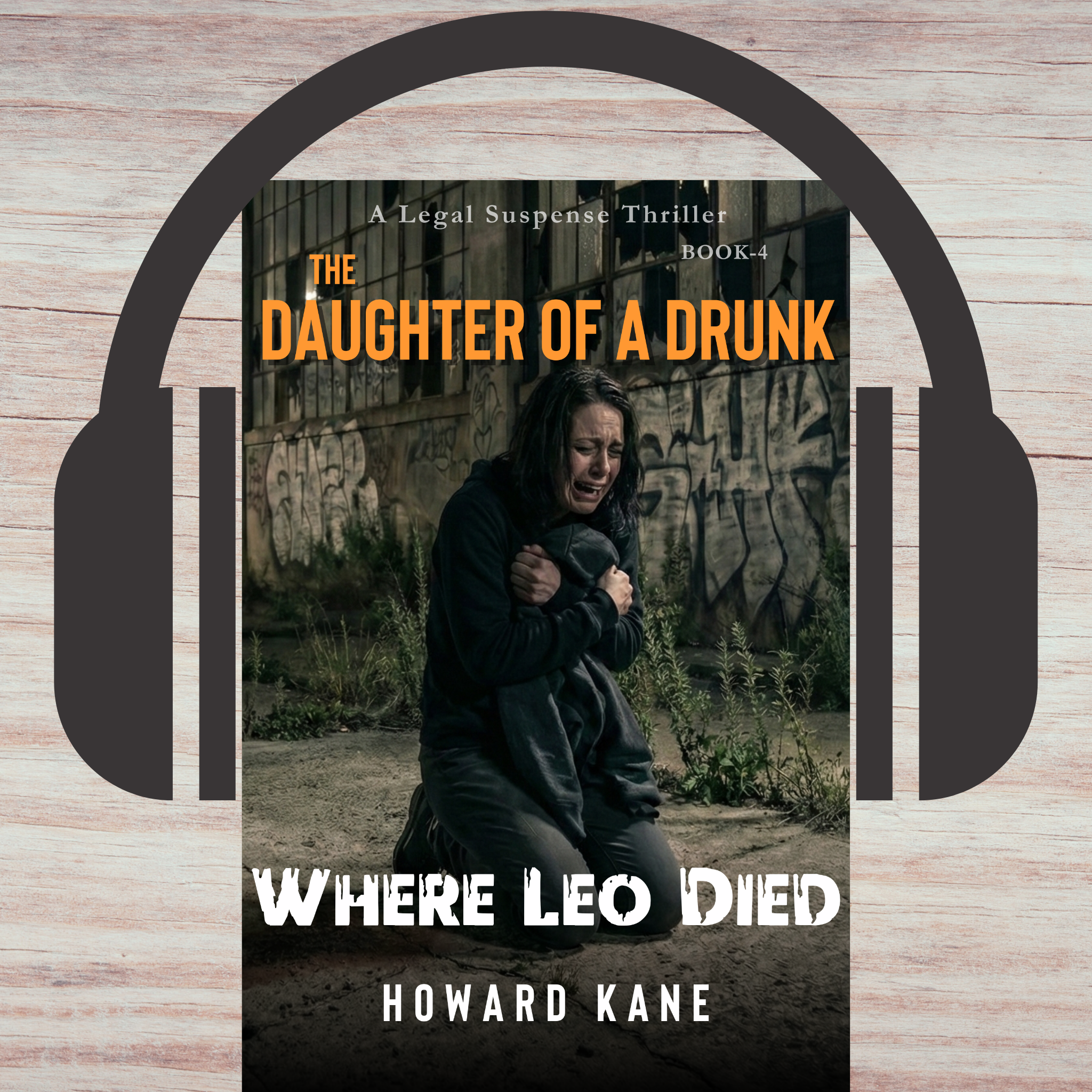 Book cover of 'The Daughter of a Drunk' with a person in a dark hoodie, overlaid with headphones on a wooden background.
