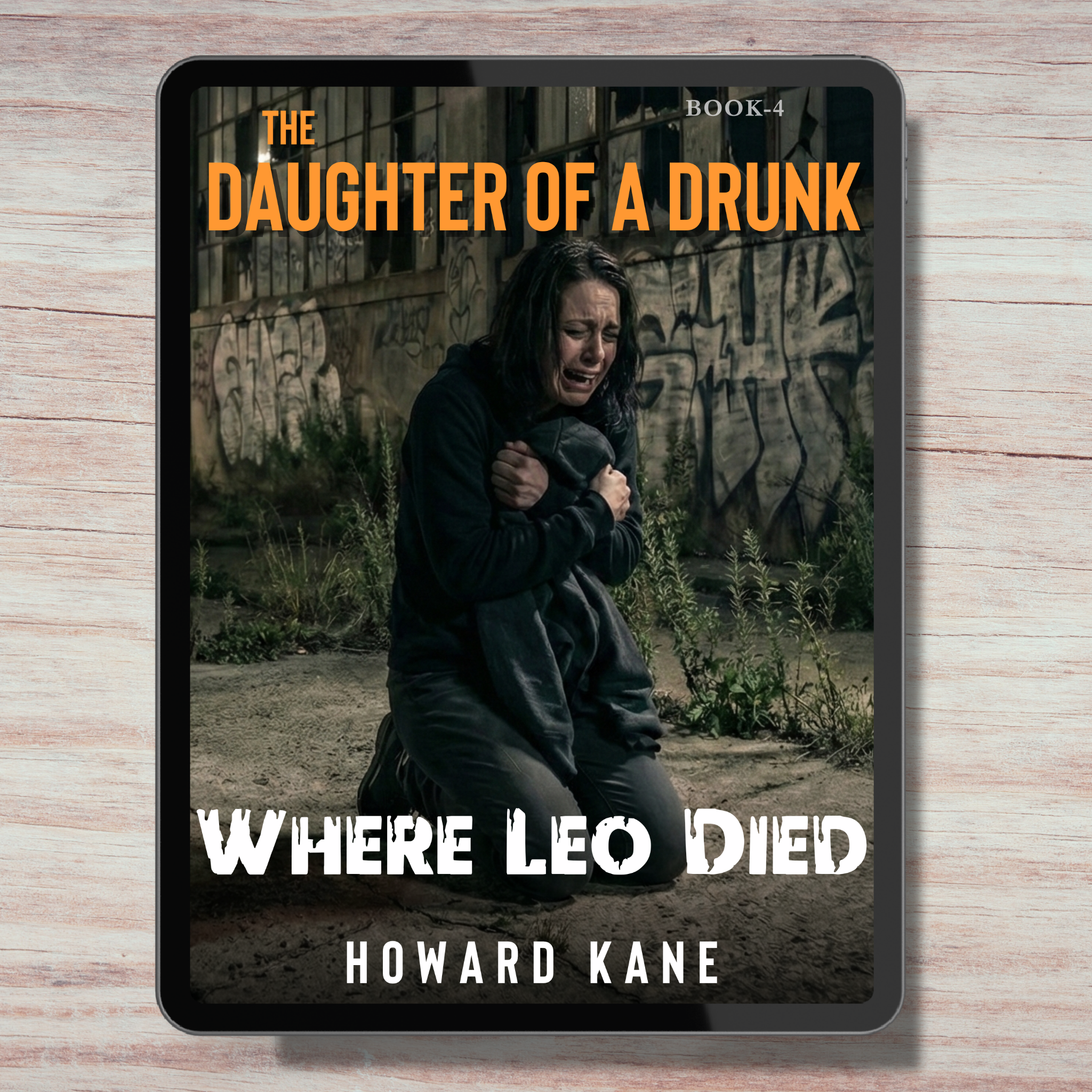 Book cover of 'The Daughter of a Drunk Where Leo Died' by Howard Kane on a wooden surface.