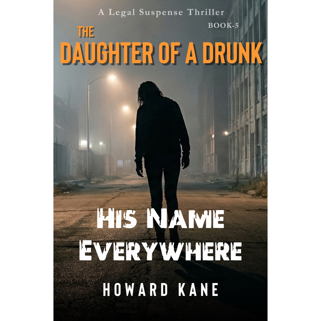 Book cover of 'The Daughter of a Drunk: His Name Everywhere' by Howard Kane with a silhouette on a foggy street.