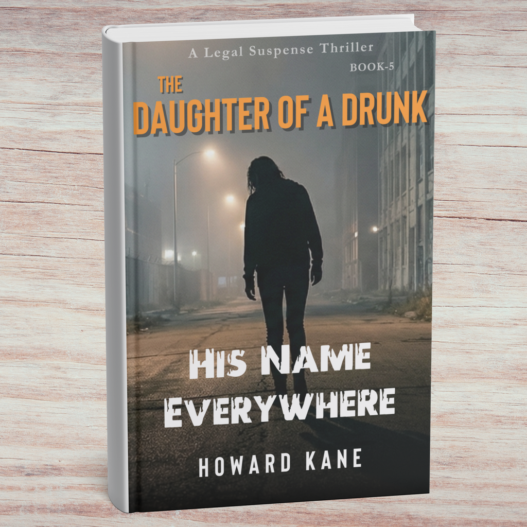 Book titled 'The Daughter of a Drunk: His Name Everywhere' by Howard Kane on a wooden surface