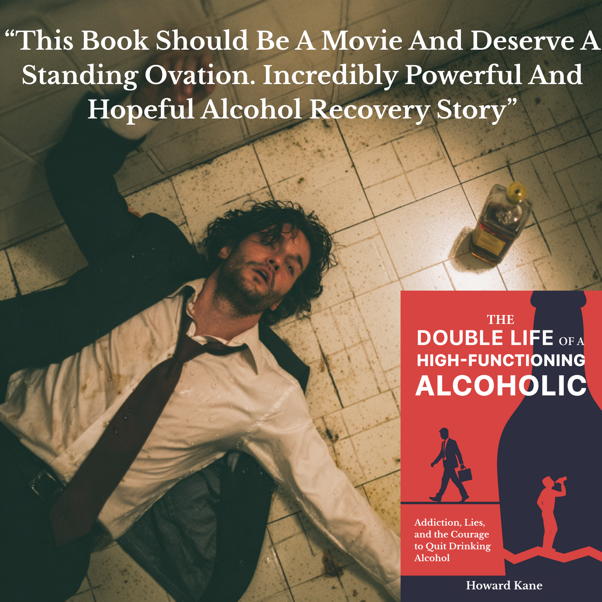 Man lying on the floor with a book titled 'The Double Life of a High-Functioning Alcoholic' displayed.