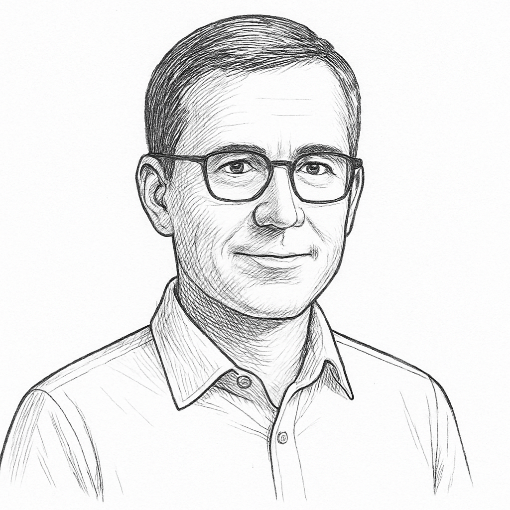 Portrait drawing of author Howard Kane. Black and white line drawing of a person wearing glasses and a collared shirt. 