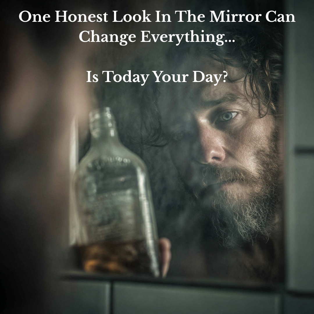 Man holding a bottle with reflective surface and motivational text overlay