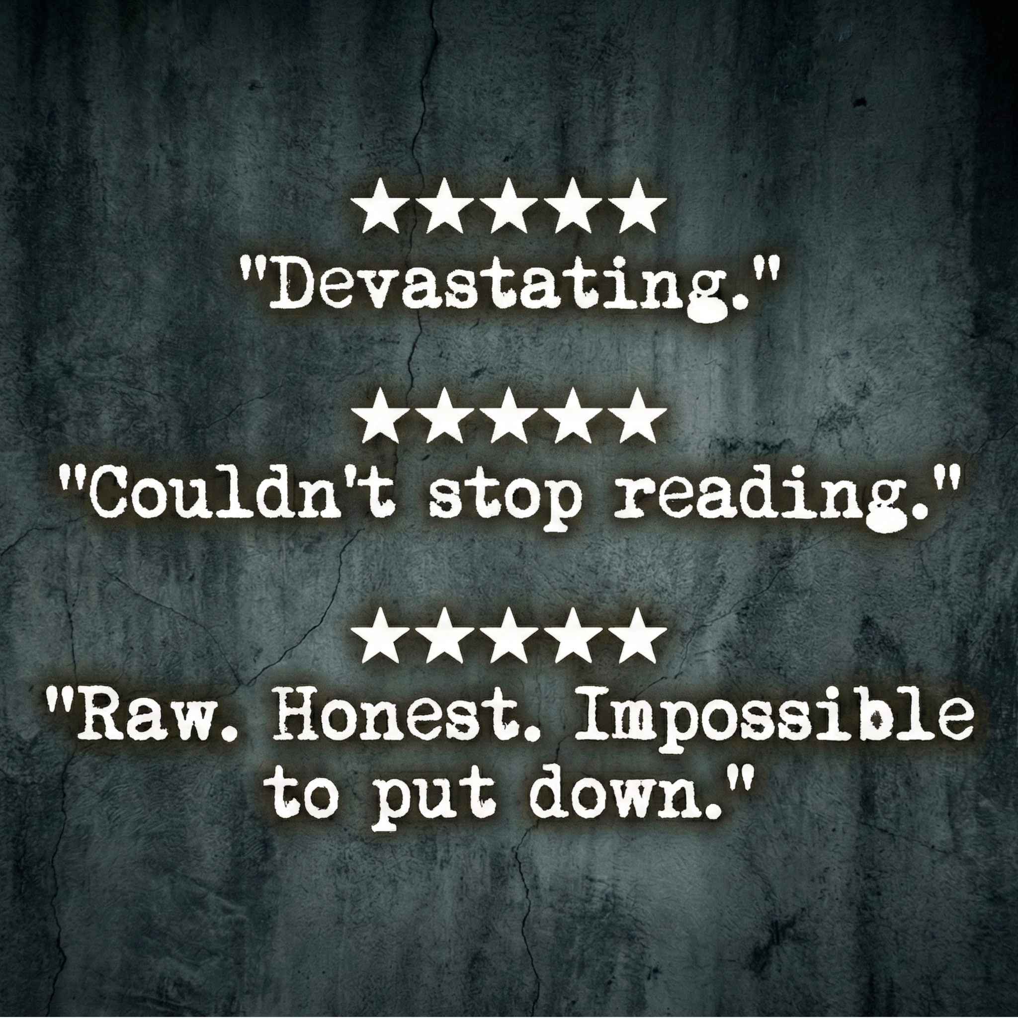 Text on a textured dark background with star ratings and phrases.